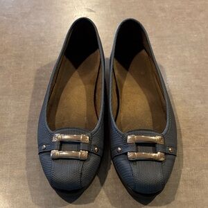 AEROSOLES Navy Textured Ballet Flats with Gold Buckle Detail